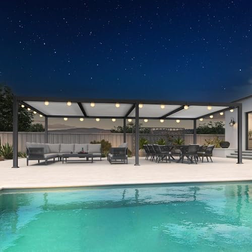 Pergola bioclimatique avec guirlande lumineuse LED – 8,5 x 3,5 m – Auvent réglable en aluminium gris à lattes blanches – Auvent de jardin moderne pour extérieur, pavillon de terrasse