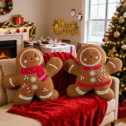 Lanpn 2 Stück Lebkuchenmann Weihnachtskissen, Lebkuchen Weihnachts Kissen Dekokissen Flauschiges Zierkissen für Geschenk Party Bett Sofa Couch Innenbereich Weihnachtsdeko Dekoration (Junge & Mädchen)