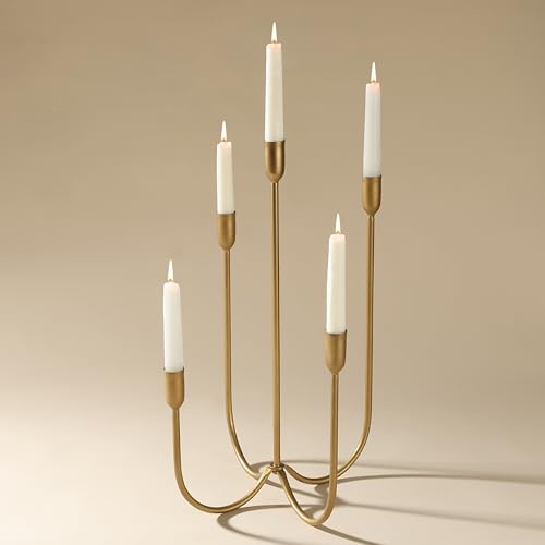 Perfnique 5-Candle Iron Candelabra – Hand-Forged Cast Iron Taper Candle Holder, Antique Brass Finish, Tabletop Centerpiece for Weddings, Dining, Décor (5-Candle)
