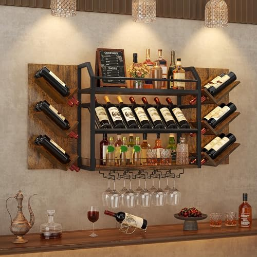 Hoctieon 48.6in Wall Mounted Wine Rack, 3 Tier Hanging Wine Racks with Glass Holder, Large Capacity Bar Shelves, Metal Wood Bottle Display Storage for Kitchen, Home Bar, Dining Room, Rustic Brown