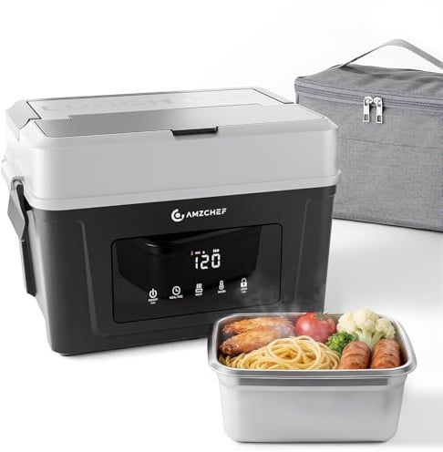 AMZCHEF Elektrische Lunchbox mit 18000 mAh Akku - Tragbare 1.5L Beheizbare Lunchbox mit 5-seitiger Erwärmung, Zeitfunktion & Warmhaltefunktion, Typ-C-Schnellladung für Büros, Fahrzeuge und Baustellen