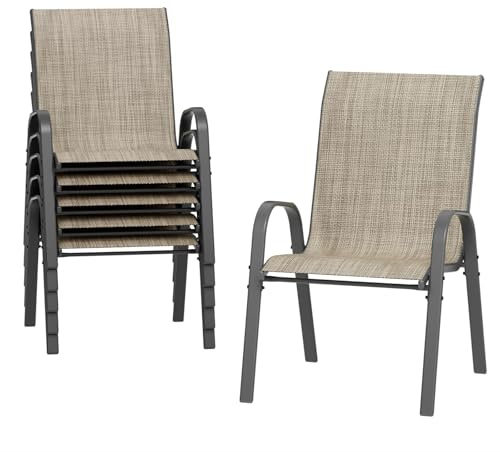 Amopatio 6er Set Gartenstühle Stapelbar, Hochlehner Stapelstühle aus Textilene & Metallgestell, Terrassenstühle Balkonstuhl mit Armlehnen Wetterfest, 60 x 72 x 96 cm, Braun