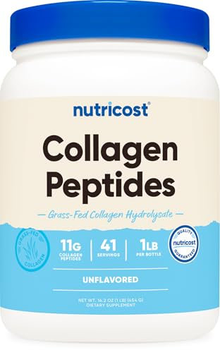 Colágeno en polvo alimentado con pasto Nutricost, 1 lb (454 g), hidrolizado de colágeno bovino (sin fragancia), péptidos de colágeno