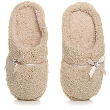 AJVANI bow heart gem winter fleece fur slippers mules size 3 36