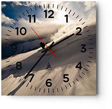 ARTTOR Moderne Glasuhr 30x30cm Quadrat Wanduhr Landschaften Menschen - 0511 | Gebirge Skier Winter Glas Analog Wanduhr Lautlos Wanddekoration Wohnzimmer Büro Küche Wanddeko Küchenuhr Geräuschlos ARTTOR