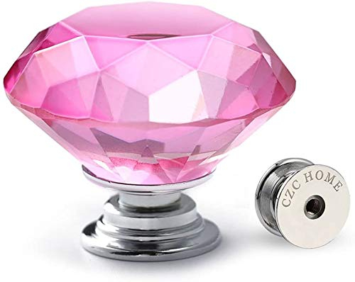 CZC HOME 10pcs 40mm Crystal Glass Door Drawer Knobs Diamond Cut Drawer Handles with 3 Sizes Screws for Cupboard Cabinet Wardrobe Home Decorating, Pink
