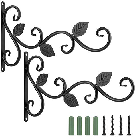 Lewondr Haken für Blumenampel, 2 Stück Retro Aluminiumlegierung Wandhaken Aufhänger Halterung mit Schrauben für Blumentöpfe Pflanzen Laternen, Garten Balkon Zaun Außen Deko - Blatt, Schwarz