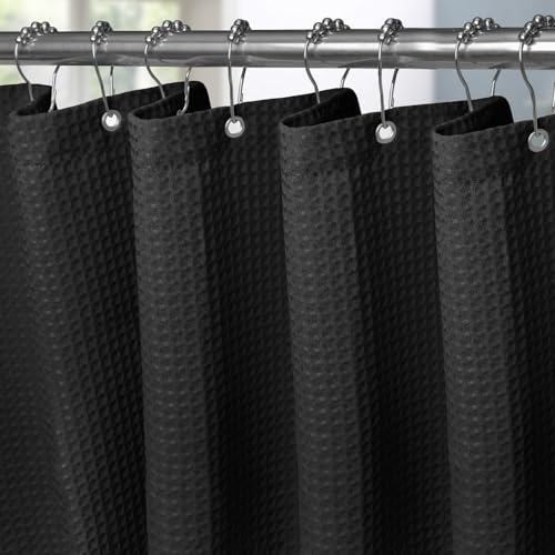 Rideau de Douche Motif Gaufre avec Anneaux en Métal Imperméable Anti-Moisissures Polyester Tissu Rideau Salle de Bain Lourd pour Baignoire Cabine de Douche - 182x214CM (Noir)