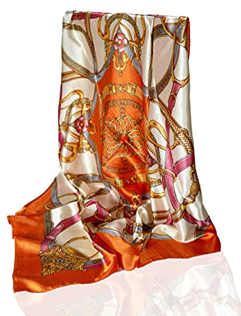 GLORIS Foulard en soie pour femme - Élégant - 90 x 90 cm - En soie - Pour femme - Élégant - En satin - Bandana, Orange, 90X90 cm