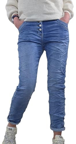 Karostar Damen Stretch Jeans| Sweat Denim Boyfriend Hose| Jogger Jeans mit sichtbarer Knopfleiste