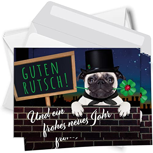 Einladungskarten Manufaktur Hamburg 10 Neujahrskarten mit Umschlag - Frohes Neues Jahr - Motiv Witziger Hund - Silvester Neujahr Postkarten Karten Grußkarten