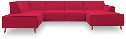 DOMO. collection Wohnlandschaft Jules FK, skandinavisches Sofa mit Federkern, Couch in U-Form mit Holzfüßen, 333 x 191 x 81 cm (BxTxH), Longchair rechts, rot