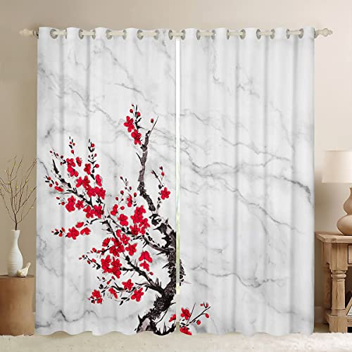 Rideaux de fenêtre à fleurs de cerisier pour chambre à coucher, rideaux en marbre blanc gris, rideaux occultants à fleurs rouges de 193 x 137 cm, rideaux de fenêtre de style japonais à thème botanique