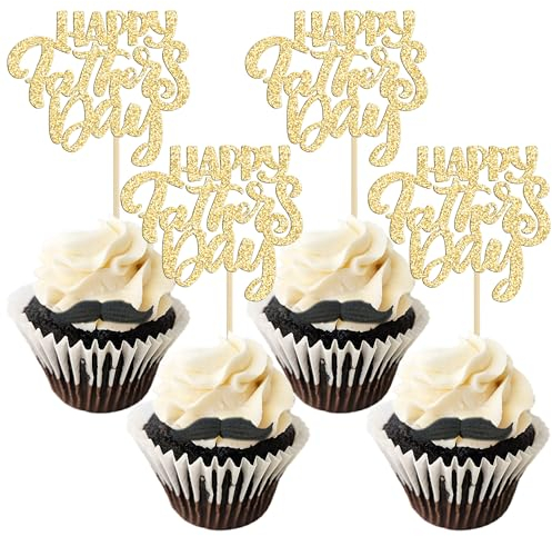 24 Stück Gold Glitzer Vatertag Cupcake Topper Happy Father's Day Best Dad Kuchendekorationen Geburtstag Party Super Dad Kuchen Dekorationen Topper Picks für Vatergeburtstag Party Zubehör