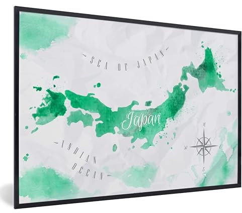 Poster encadré Carte du monde - Vert - Rose des vents Tableau deco avec cadre 60x40 cm affiche decoration murale