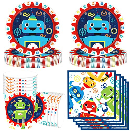 YGCHEN Partygeschirr Roboter Kindergeburtstag Deko Geburtstag Party Geschirr Robot Pappbecher Pappteller Servietten Junge Geburtstag Tischdeko 8 Personen