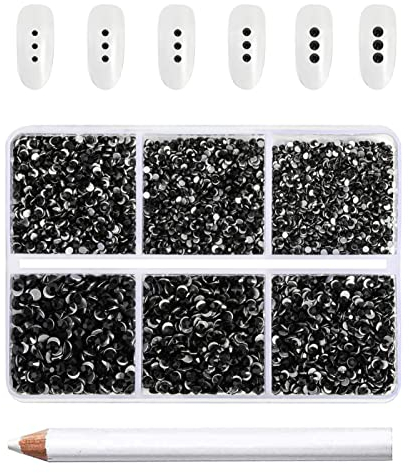 Beadsland 7200 Pcs Flatback Rhinestones for Nails,Black Round Small Crystal Glass Rhinestones Gems for Crafts,Mixed 6 Sizes with Wax Pencil Kit,SS3-SS10,Black