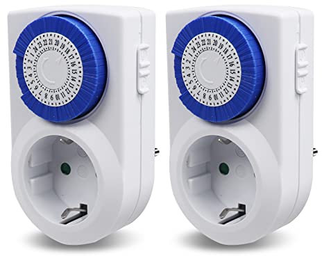 EXTRASTAR Enchufe Eléctrico Temporizador Mecánico de 24 Horas, Conmutación Cada 30 Minutos, Interruptor ON/Off, 230V 16A Blanco, 2Pcs