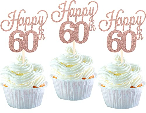 SYKYCTCY 24Pack Happy 60th Cupcake Toppers Glitter Number 60 Sixty Sweet 60 Cupcake Picks 60th Birthday Wedding Anniversary Party Cake Decorations Supplies Rose Gold
