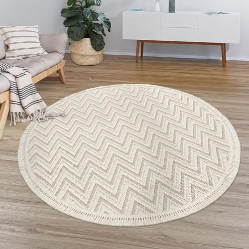 TT Home Wohnzimmer Teppich Kurzflor Fransen Geometrisches Muster Boho Design, Farbe: Beige Creme, Größe:120 cm Rund