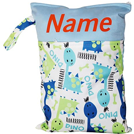 In Deutschland mit Namen personalisierte Wetbag Nasstasche mit 2 separaten Fächern, als Windelbeutel, im Kindergarten oder unterwegs (Dinos)