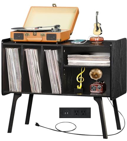 Lerliuo Plattenspieler-Ständer mit Ladestation für bis zu 220 Alben, großer Plattenspielerständer mit 4 Schränken, Plattenspielertisch, schwarzer Vinyl-Halter, Aufbewahrungsregal für Schlafzimmer,
