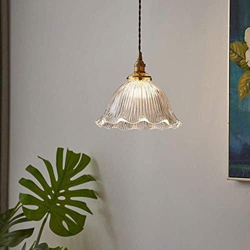 Lustre en fleur de verre en laiton vintage Lampe suspendue nordique de simplicité avec abat-jour en verre nervuré Créativité Restaurant Plafonnier Suspendu Luminaire pour entrée de comptoir de bar