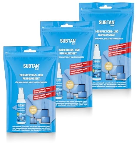SUBTAN Blue Pocket - Desinfektion und Reinigung für Smartphone, Tablet und Touchscreen - 100 ml Desinfektionsspray 100% natürlich - ohne Alkohol - Displaytuch 30 x 38 cm - Made in Germany - 3 Sets