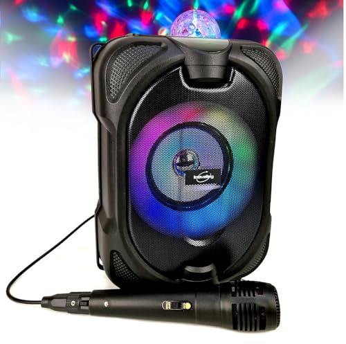 INOVALLEY Mini-Enceinte Bluetooth DANCE-CUBE44-150W PMPO, sur Batterie, Micro karaoké Boule Kaleidoscope LED Multicolores RGB