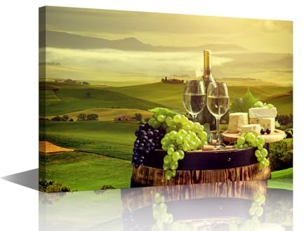 TISHIRON White Wine Canvas Wall Art for Bedroom Living Room Wine and Fruit Modern Home Decor Grape Wine Painting Pictures Vineyard Kitchen Wall Decor Contemporary Artwork Frame Ready to Hang, 24x16in