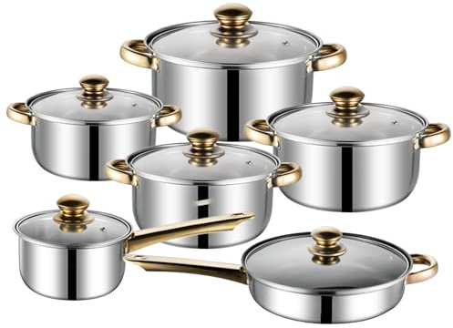 Set di Pentole e Padelle in Acciaio Inossidabile da 12 Pezzi, Set di Pentole Multifunzione con Manico Dorato Design Ergonomico, Gadget da Cucina Tra Cui Padella Pentola per Zuppa