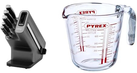 Ninja Foodi StaySharp Knife Block with Integrated Sharpener, 5-Piece Knife Set Includes Chef Knife & Pyrex Glass Measuring Jug Transparent, 0.5L