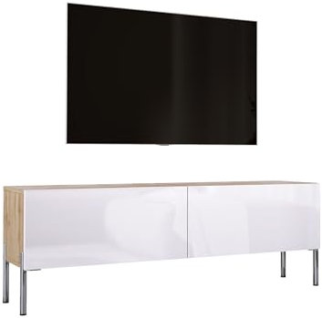 TV- Schrank in Wotan Eiche/Weiß Hochglanz mit Beinen in Chrom, A: B: 140 cm, H: 52 cm, T: 32 cm