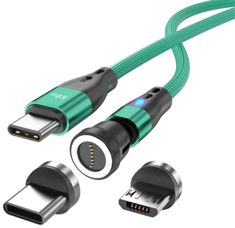 Câble de charge magnétique USB C vers USB type C/Micro USB - PD 60 W - Charge rapide 1 m/2 m - Rotation à 540 ° - 2 en 1 - Câble USB magnétique pour Android Micro USB Type C - Smartphone, tablette,