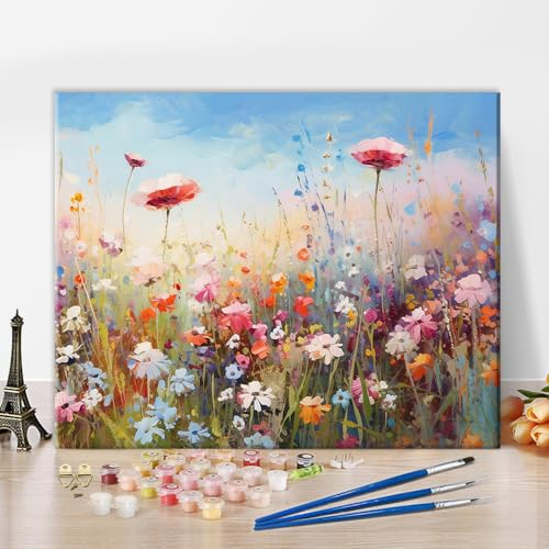 TISHIRON Malen nach Zahlen Bausatz Erwachsene Blühende Blumen Erwachsene Malen nach Zahlen Gänseblümchen Ölmalerei nach Zahlen DIY Acrylmalerei Pflanze Kunsthandwerk für Zuhause 40 x 50 cm(rahmenlos)