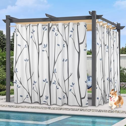 Qelus Wasserdicht Outdoor Vorhang B254XH213cm, Zweig Gedruckt Outdoorvorhänge mit Ösen, Aussen Gardinen Sonnenschutz für Garten Terrasse Pavillon Veranda Balkon (Grauweiß, 1 Stück)
