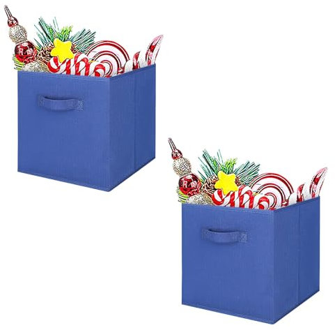 Holdfiturn 2Pcs Cube Storage Boxes 28x28x28cm Foldable Kallax Storage Cubes with Handles Collapsible Baskets Toy Bins Fabric Organisiers Containers for Kallax Unit Shelf Blue