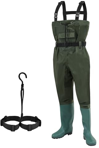 Aopunly Pantalon de pêche pour Hommes, Nylon 70 Deniers, PVC Pantalon de pêche, étanche avec Bottes en Caoutchouc, Poches et Crochets, pour la pêche, Les fermes, Les Jardins