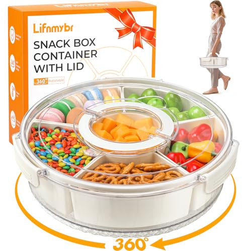Lifnmybr Boîte à casse-croûte, rotation à 360°, 30,5 cm, grand plateau de service divisé avec couvercle et poignée, plateau portable, plateau à légumes, plateau à fruits pour servir pour les fêtes,