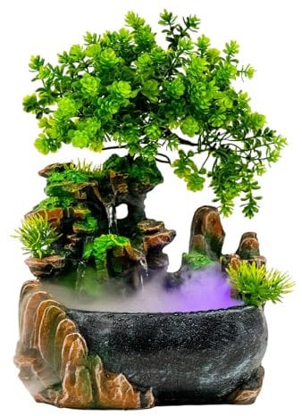 MINRS Zimmerbrunnen Wasserfall, Grüne Pflanze Brunnen Tischbrunnen mit Led Beleuchtung und Zerstäuber Zimmer Tisch Springbrunnen Wasserfall Ür die Platzierung In Wohnzimmer Büro 20 x 15 x 28 cm