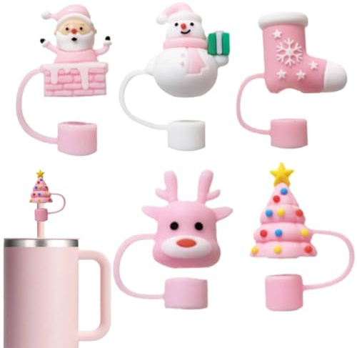 Stanley Stroh-Abdeckkappe, 10 mm, Weihnachts-Strohaufsatz für Cup-Zubehör, Weihnachtsmann, Weihnachtsbaum, Silikon-Strohabdeckungen, Toppers für 40 und 850 ml, 5 Stück