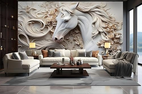 Fototapete 3d effekt tapete Weißes Pferd Relief 3D Vlies Tapeten Wandtapete Wohnzimmer Schlafzimmer Wand Dekoration Moderne 350CM(B)*256CM(H)