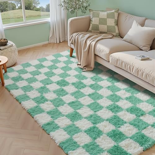 HUGEAR Teppich Kariert Hochflor Teppich Wohnzimmer 150X240cm Grüner Teppich Schlafzimmer Rutschfester Kinderteppich Flauschig Weicher und GemüTlicher Carpet Living Room Kinder Teppich Mädchen Jungs