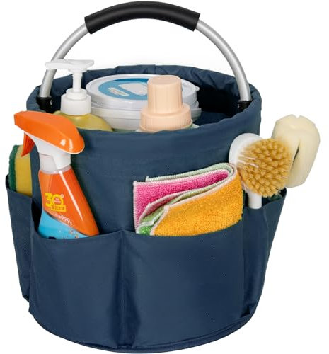 IPEB Cleaning Caddy Organizer with Handle Foldable Cleaning Bucket Organizer Cleaning Caddy Bag Cleaning Tool Bucket Multi-pocket Tool Bag for Cleaners & Housekeepers,Navy Blue