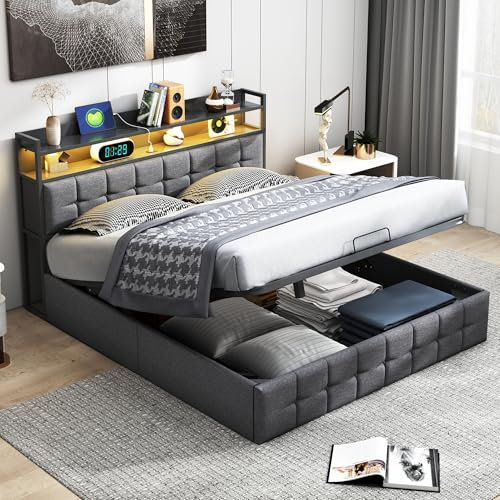 Doppelbett 160x200 cm, Polsterbett mit Stauraum und Lattenrost, LED Stauraum Kopfteil mit USB Ladefunktion, Hydraulisch Stauraumbett Funktionsbetten, Leinen, Ohne Matratze, Grau