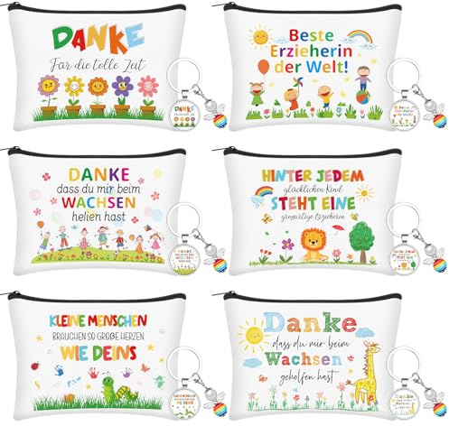HAOWANWW 6Pack Dankeschön Geschenkset für Lehrer Danke Kosmetiktasche Schlüsselanhänger mit Gravur für Lehrer Kulturbeutels Danke für Grundschullehrer Abschied Erzieher Geburtstag Abschluss