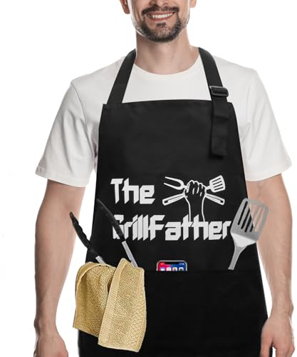Newthinking Grillschürze für Männer, verstellbare personalisierte Kochschürzen mit 3 Taschen und verstellbarem Riemen, lustige schwarze Kochschürze für Männer und Frauen, Schwarz , XXL