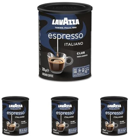Lavazza, Espresso Club, Café Molido Natural, Ideal para Cafetera Italiana, de Filtro y Francesa, con Notas Aromáticas de Frutos Secos, 100% Arábica, Tueste Medio, 1 Lata de 250 g (Paquete de 4)