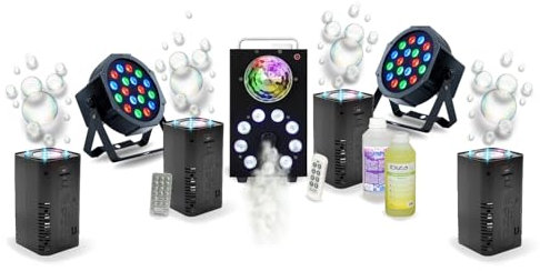 Ibiza Light - Pack Lumière DJ complet Machine Fumée FOGGY-ASTRO - 2 PAR LED 18 W - 4 machines Bulles LED BUBBLE-DREAM - Soirée Scène Anniversaire