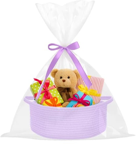 powerking Geschenkkorb Leer, Kleiner Gewebter Korb mit Geschenktaschen und Bändern, Geschenkkorb für Babyparty, Geburtstag, Hochzeit, Ostern, Weihnachten (Lila)